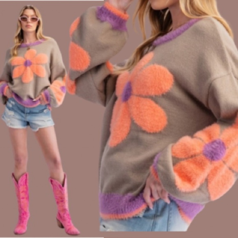 NEW Fabulous Boho Daisy Pattern Knit Relaxed Fit Pullover Sweater - Picture 1 of 5